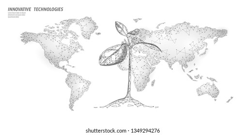 Plant sprout ecological abstract concept. 3D render seedling tree leaves. Save planet Earth nature environment grow life eco polygon triangles low poly vector illustration