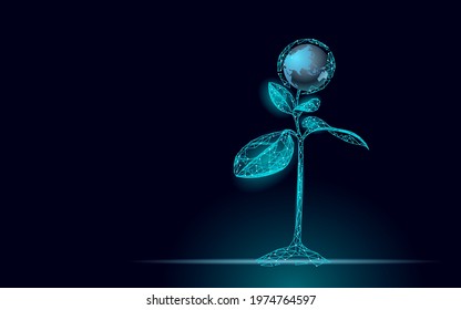 Plant sprout ecological abstract concept. 3D render seedling tree leaves. Save planet Earth nature environment grow life eco polygon triangles low poly vector illustration