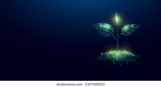 Plant sprout. Growing plant in low poly wireframe style. Abstract modern 3d vector illustration on dark blue background. 