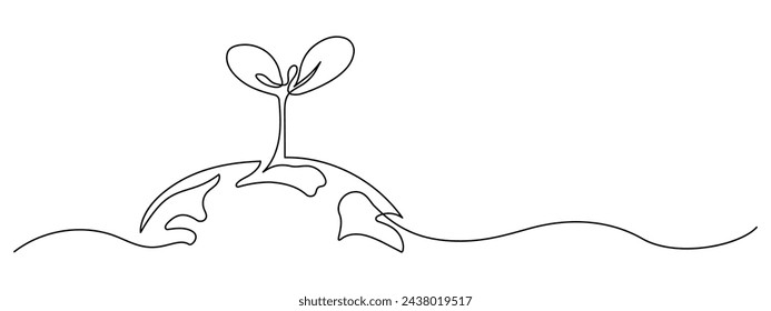 Plant sprout growing on Earth single line art drawing. Ecology and saving planet concept black and white abstract vector illustration.