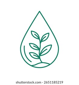 A plant sprout grows inside a water drop icon, symbolizing life, growth, water conservation, and agricultural sustainability