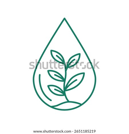 A plant sprout grows inside a water drop icon, symbolizing life, growth, water conservation, and agricultural sustainability