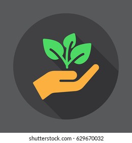 Plant, sprout in a hand flat icon. Round colorful button, circular vector sign with long shadow effect. Flat style design