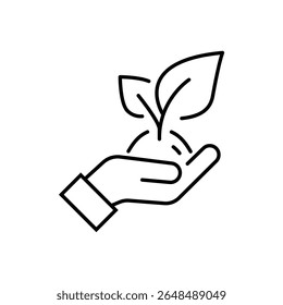 Plant sprout in the hand. Growth concept editable stroke outline icon isolated on white background flat vector illustration.