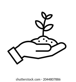 Plant sprout in hand icon, Hands holding seedling in soil logo, Environment protection, Ecology concept, Linear design, Vector illustration