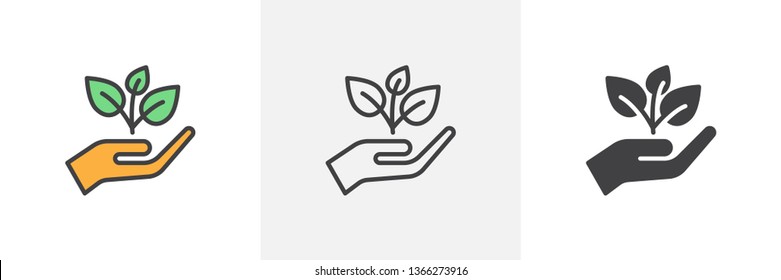 Plant, sprout in a hand icon. Line, glyph and filled outline colorful version, Hand holding plant outline and filled vector sign. Symbol, logo illustration. Different style icons set. Vector graphics