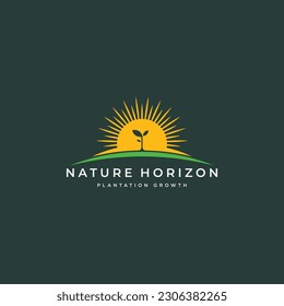 Plant sprout seedling growing out from soil in a sunny sun horizon landscape environmental logo design concept. Vector illustration