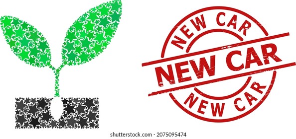 Plant sprout star mosaic and grunge New Car seal stamp. Red stamp with corroded texture and New Car text inside circle. Abstract plant sprout mosaic is organized with scattered flat star parts.