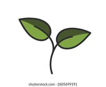 Plant sprout with two leaves illustration in green colors. Spring, planting and nature design element. Isolated vector image