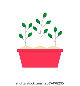 Plant Sprouts In A Red Planter Box In Flat Vector Illustration Symbolizing Gardening, Growth, And Eco Friendly Practices, Isolated On White Background.