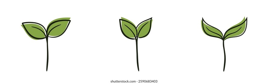 Plant sprouts with two leaves. Spring, planting and nature design elements. Isolated vector illustrations