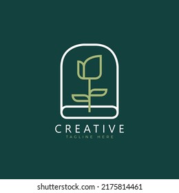 Plant in square frame logo. Outline nature line logo concept. Botanical icon for farm, company, beauty, flourish vector illustration