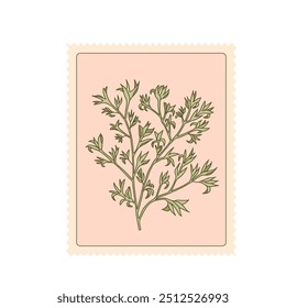 Sello de planta. Etiqueta engomada del rectángulo con la rama de la hoja. Vector dibujado a mano ilustración