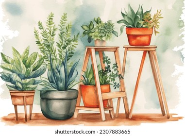 Plant stand watercolor vector art with plant tub.