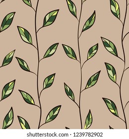 Plant stems seamless pattern. Branches of trees with leaves on a beige background. Endless pattern with leaves stylized on stained glass.