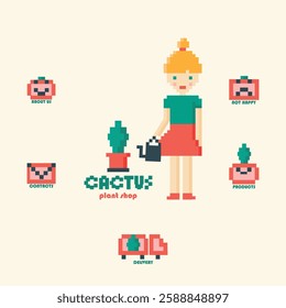 plant store icons, icon set, plant store icons and logo, girl watering cactus, products, delivery, about us, complaints, contacts