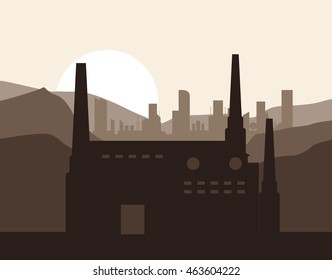 Plant sun landscape building chimney factory industry icon. Silhouette illustration. Vector graphic