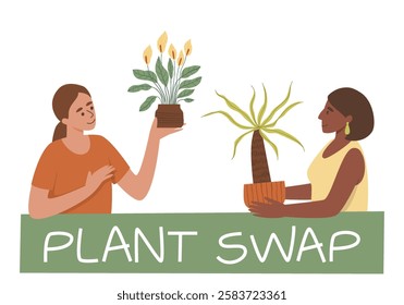 Plant swap. Flower exchange event. Banner with women exchanging plants. Hobbies for people interested in plants. Home greening. Flat vector illustration.