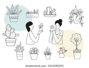 Plant swap, indoor plants exchange. A smiling woman holds a pot with a plant in her hands. Urban jungle. Trendy home decor with plants. Hobby gardening. Vector doodle line art.