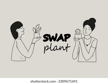 Plant swap party banner, indoor plants exchange.A young smiling woman florist holds a pot with a young plant in her hands. Vector doodle banner