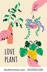 Plant swap poster template. Monstera, senecio rowleyanus plant in pots. Hands hold plants and exchange. Vector illustration for card, cover. 