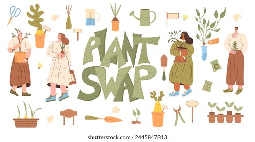 Juego de intercambio de plantas. Las Personas intercambian plantas caseras, semillas, muestreo de árboles y jardinería juntos aislados sobre fondo blanco. Fiesta de estilo de vida ecológico. Evento de mercado de flores en maceta. Ilustración plana de Vector.