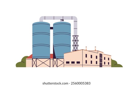 Plant with tanks, bunkers. Factory with cisterns. Sugar manufacturing, dairy manufactory, compound feed production. Heavy, chemical, food industry buildings. Flat isolated vector illustration on white