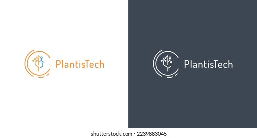 Plant and tech symbol logo with line subtle modern design