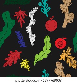 Plant  texture pattern, leaves, branches, fruits. Scandinavian style, linocut, minimalism. Overlapping pattern. Vector