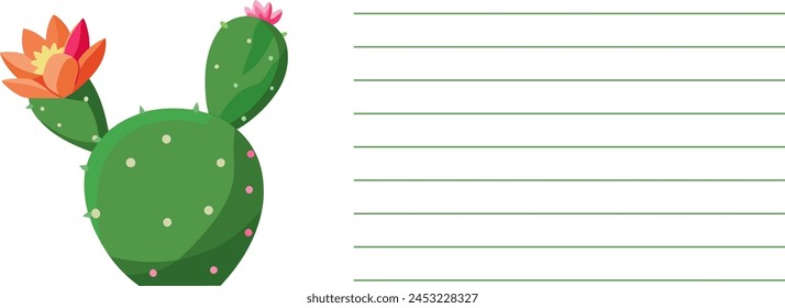 A plant themed art featuring a terrestrial plant with a flower on it. The cactus plant and space for text in right side. Postal card with botanical illustration.
