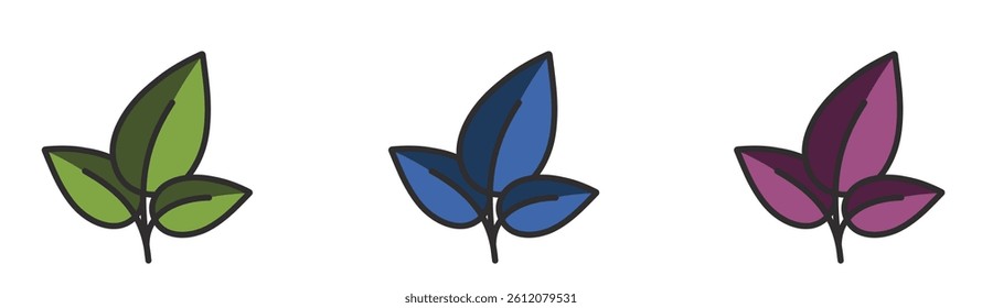 Plant with three leaves illustration in green, blue and burgundy colors. Nature, botanical and floral design element. Isolated vector image