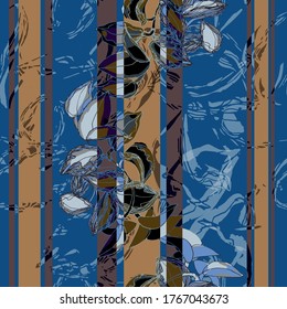 The Plant Tradescantia. Seamless vector pattern with flowers, lines and geometry. Hand drawing. Sketch.