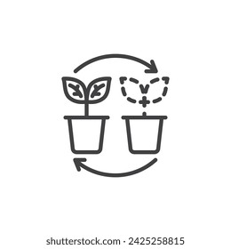 Pflanzentransplantationslinien-Symbol. Lineares Stilzeichen für mobiles Konzept und Webdesign. Pflanze mit Topf und Pfeilen Umriss Vektor-Symbol. Landwirtschaft und Gartenbau Symbol, Logo-Illustration. Vektorgrafik