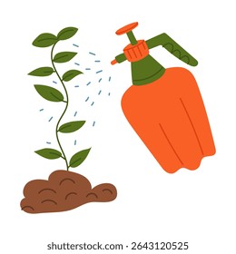 planta é tratada a partir de um pulverizador de bomba, pulverizando líquido de pragas. Ferramentas de jardinagem. Ilustração em cores planas. É adequado para o design de artigos e materiais educativos sobre jardinagem e hobbies