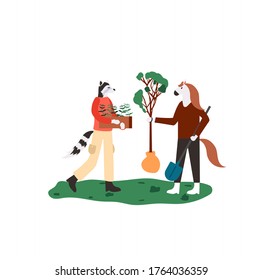 Plant a tree background. Modern illustration slider site page. Concept of working animals on a farm. Web banner plant trees and shrubs. Horse and raccoon work in the garden design vector. 