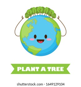 Plant a tree banner with cute planet vector illustration. Cartoon globe with trees on it. Earth Day card. People save forest. Ecological voluntary social initiative