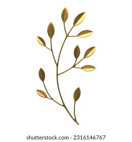 Plant tree branch wooden stem golden leaves metallic floristic composition design 3d icon realistic vector illustration. Wood foliage botanical blossom premium decor element for beauty studio