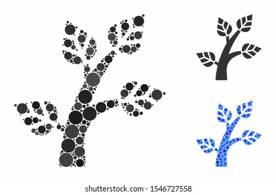 Plant tree composition of small circles in variable sizes and color tinges, based on plant tree icon. Vector small circles are combined into blue collage.