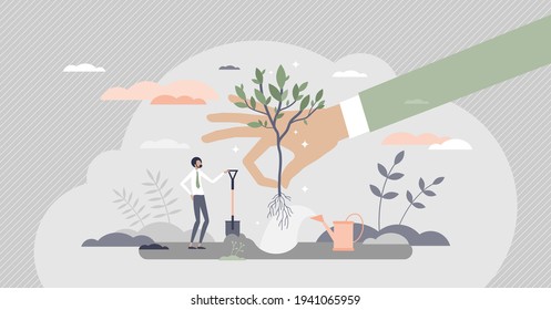 Plant a tree as corporate environmental responsibility tiny person concept. Businessman ecological activity to save nature and planet vector illustration. Forestation and plant cultivation action.