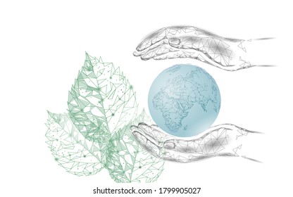 Plant tree ecological abstract concept. 3D render seedling leaves. Save planet Earth hands nature environment grow life eco polygon triangles low poly vector illustration