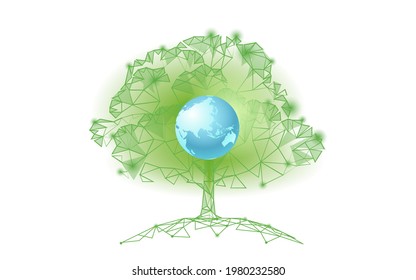 Plant tree ecological abstract concept. 3D render seedling tree forest. Save planet Earth nature environment grow life eco polygon triangles low poly vector illustration