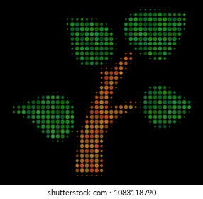 Plant tree halftone vector icon. Illustration style is dot iconic plant tree symbol on a black background. Halftone texture is build from round points.