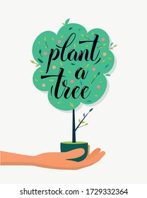 Plantar una letra de árbol. Olla en mano humana. Concepto ecológico. Ilustración vectorial plana aislada. 