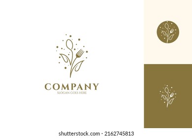 Plant or tree logo with cutlery, simple line art design style, organic food, healthy diet menu, restaurant and natural food products