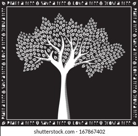 Plant a Tree - Monochrome white on black tree poster, woodcut style