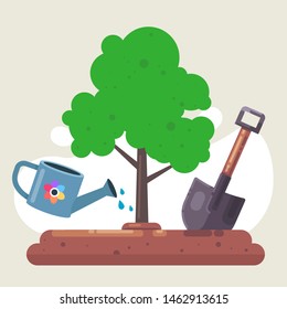 plant a tree in nature. shovel and watering can for the garden. water plants. flat vector illustration
