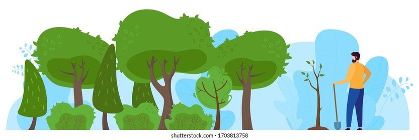 Plant tree in park, male character save planet, forester person, flat vector illustration. Man shovel plant bush, sapling, protect nature, clean air. Caring for globe earth, eco friendly activist.