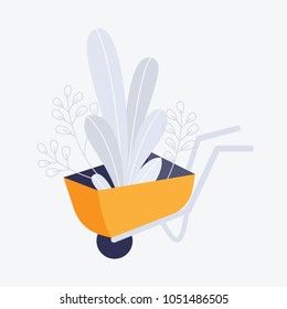 Plant tree in a wheelbarrow. Gardening farm vector iluustration