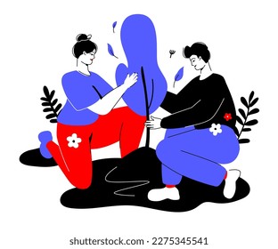 Plantar árboles - colorida ilustración de diseño plano con elementos lineales. Composición de color rojo y azul con chicas y chicos que se dedican a paisajear el territorio. El cuidado del medio ambiente