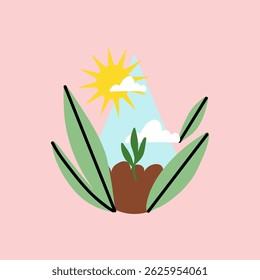 Plant trees. Earth environmental care. Leaves in water drop. Poster or sticker. Stop pollution, save water. Eco friendly, ecology elements. Vector cartoon flat style isolated illustration